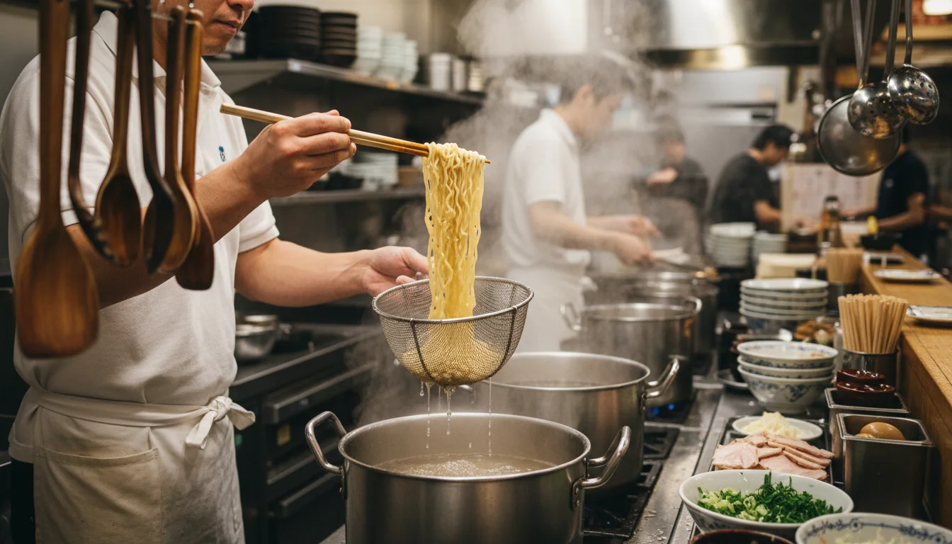 大きな鍋で麺をゆで、湯切りする調理中の手元
