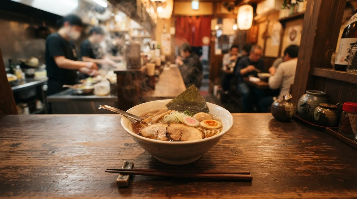 木のテーブルに並ぶラーメンと小皿料理